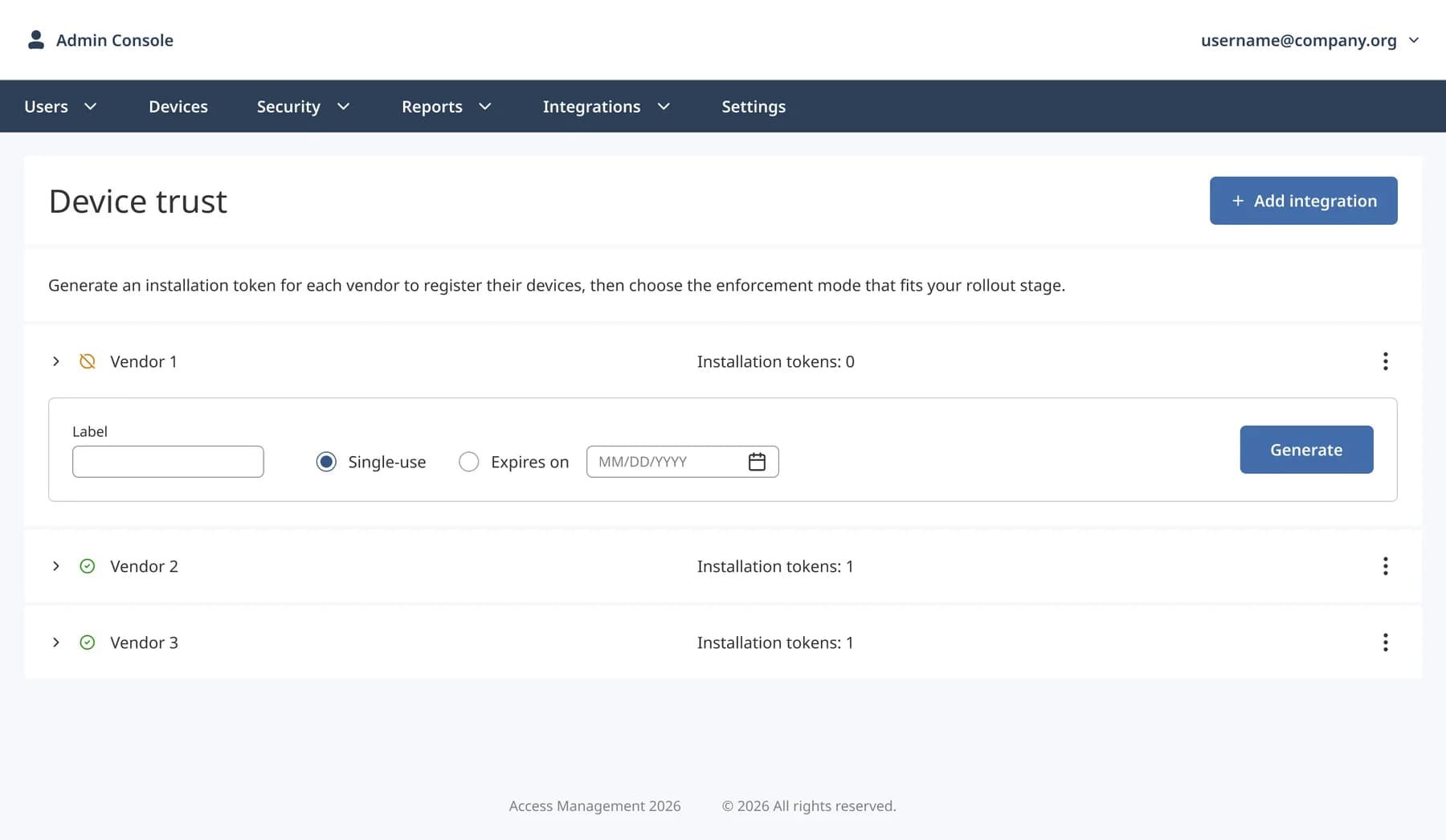Device Trust Management — UI screens