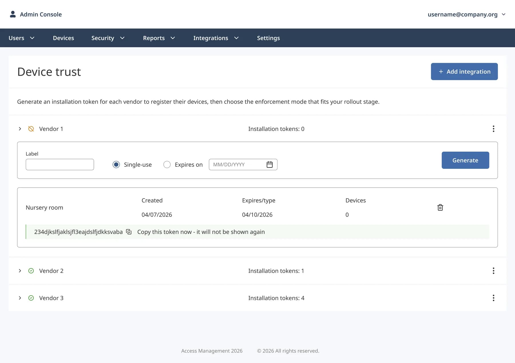 Device Trust Management — UI screens